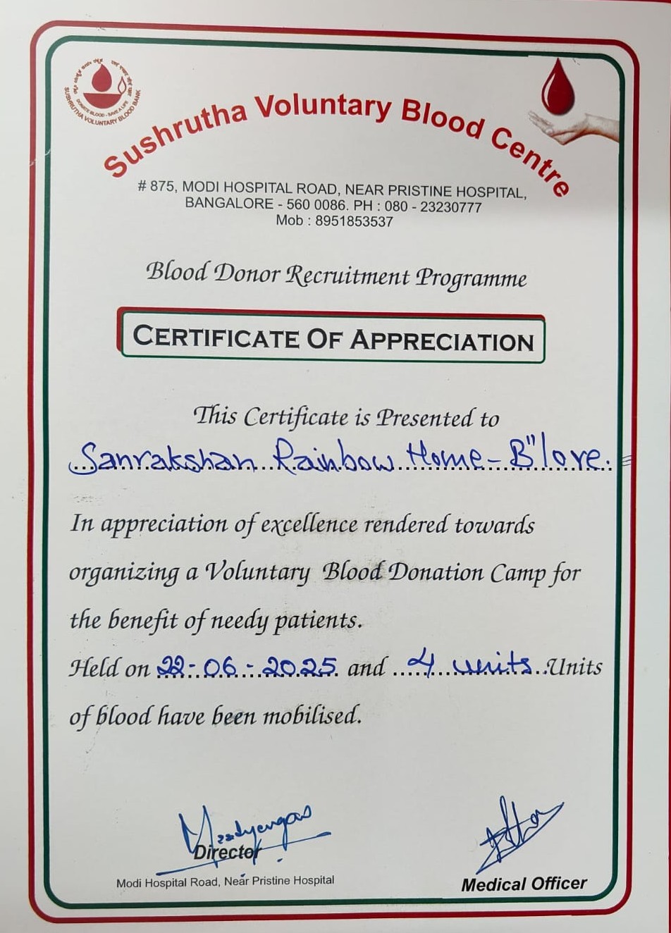 Appreciation Certificate for Voluntary Blood Donation Camp